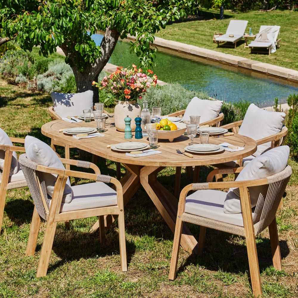 Set jardin table ovale 220x115 et 6 chaises corde beige - Maisons du Monde