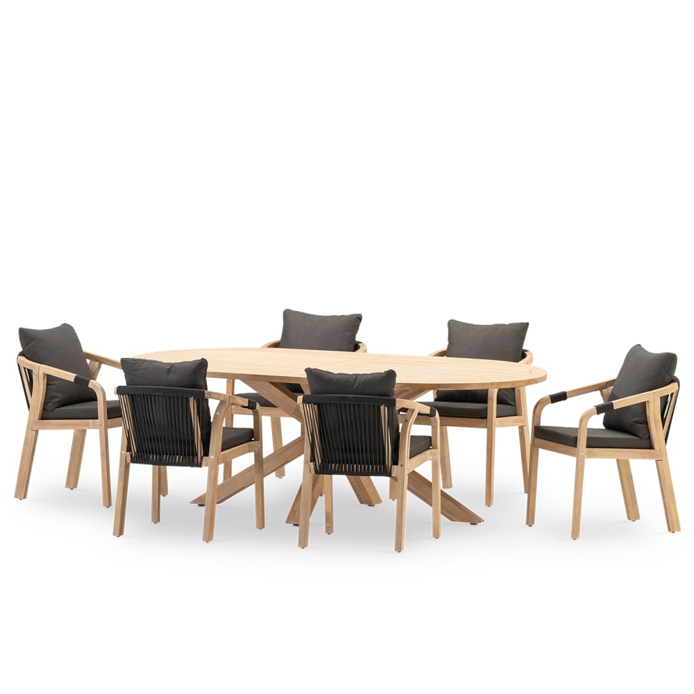 Set table ovale 220x115 et 6 chaises corde noire