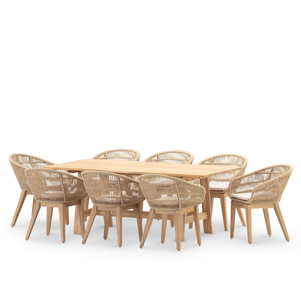 Table de jardin à larges lattes et 8 chaises de corde