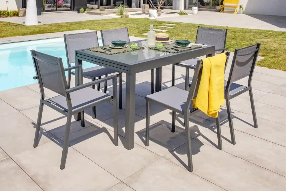 dcb garden Ensemble repas en aluminium et plateau verre style contemporain Noir