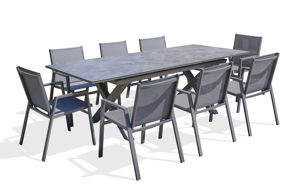 Ensemble repas de jardin 8 pl plateau céramique sur verre