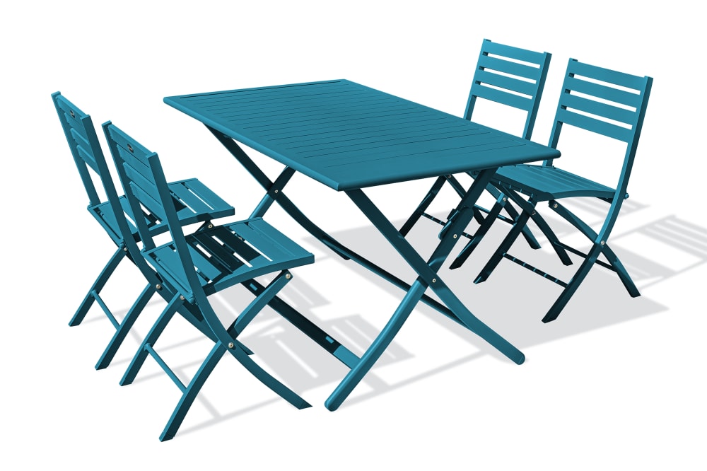 Ensemble repas de jardin 4 places en aluminium bleu canard