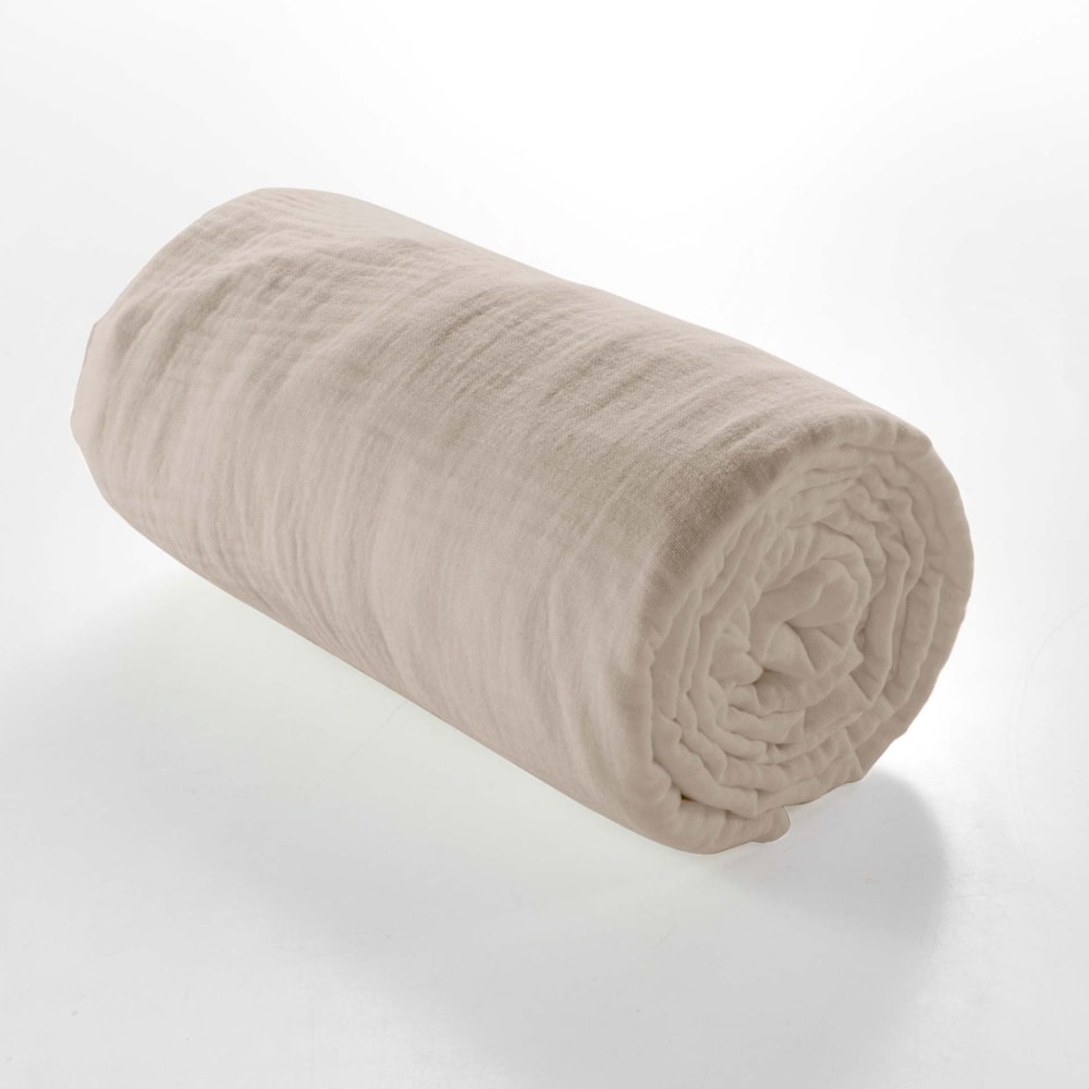 Drap housse double gaze de coton sable 140x190 cm