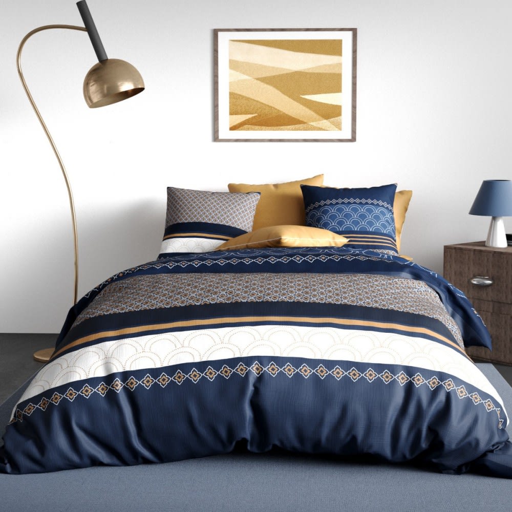 Atelier du coton Parure de couette 100% coton 57 fils imprimée 240x220cm 2 taies style classique chic Bleu