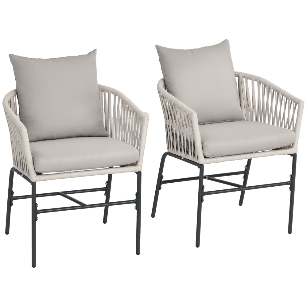 Lot de 2 fauteuils de jardin avec coussins métal cordes PE noir gris