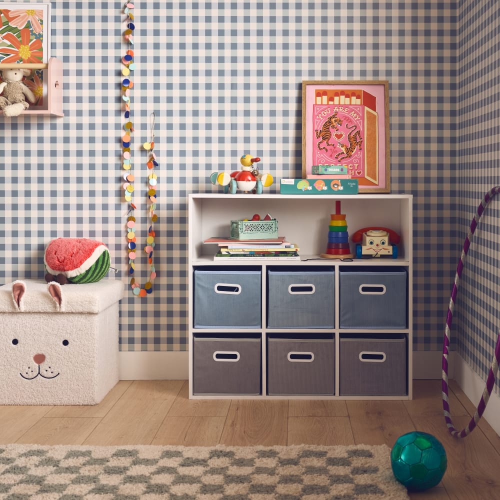 sweeek Kinder Aufbewahrungsmöbel 3 blaue und 3 graue boxen style modern Samt Kinder