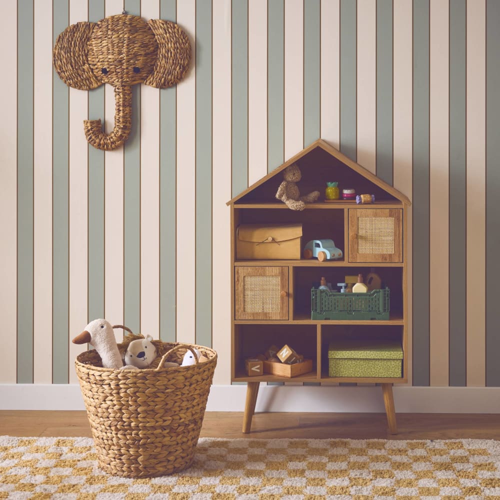 Etagère bibliothèque décor bois, pieds en pin, cannage