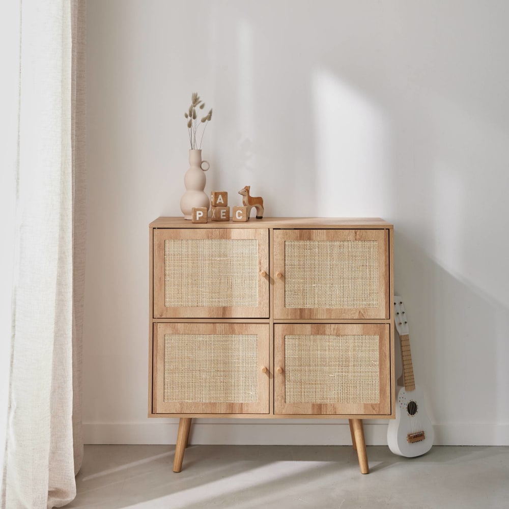 Commode enfant décor bois 4 portes en cannage