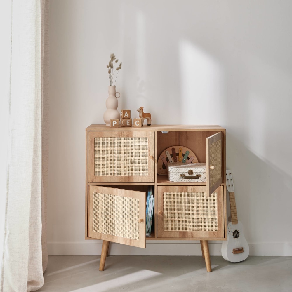 Commode enfant décor bois 4 portes en cannage (sweeek) - Image 3