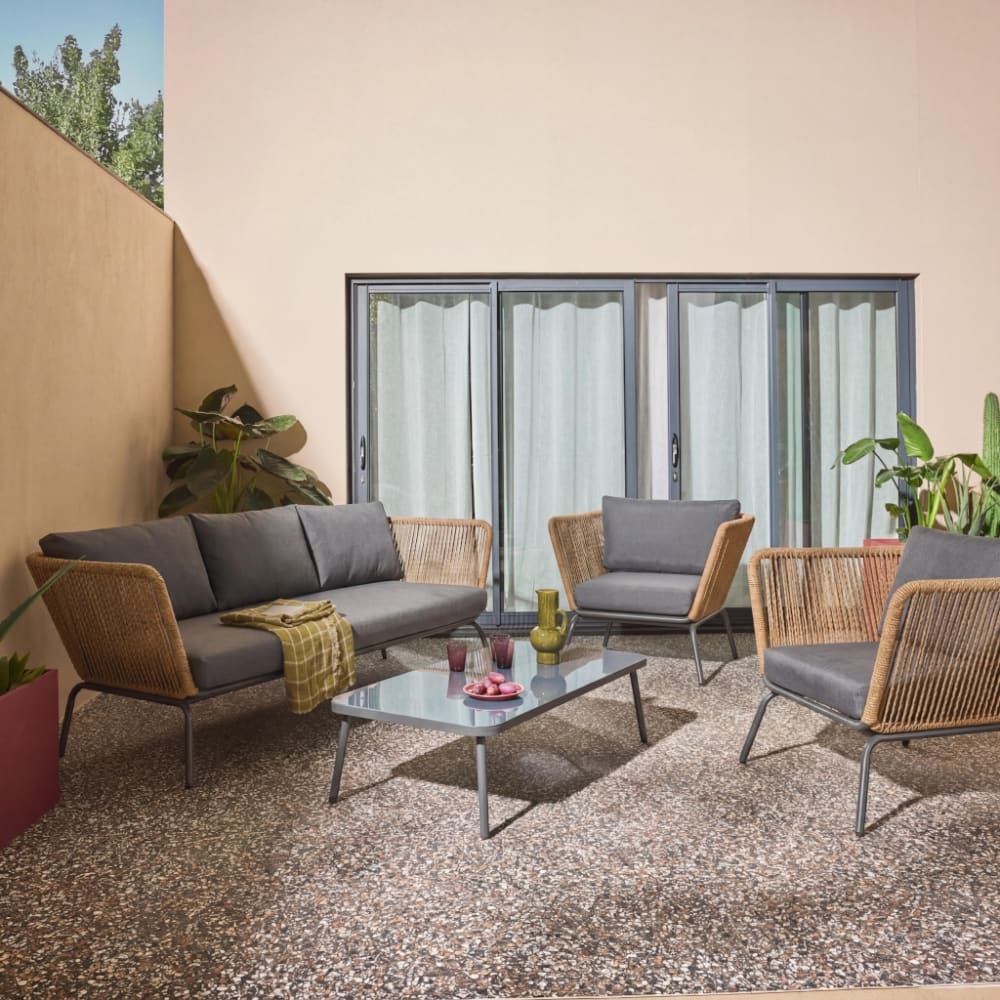 Salon de jardin bas résine effet corde 5 places anthracite