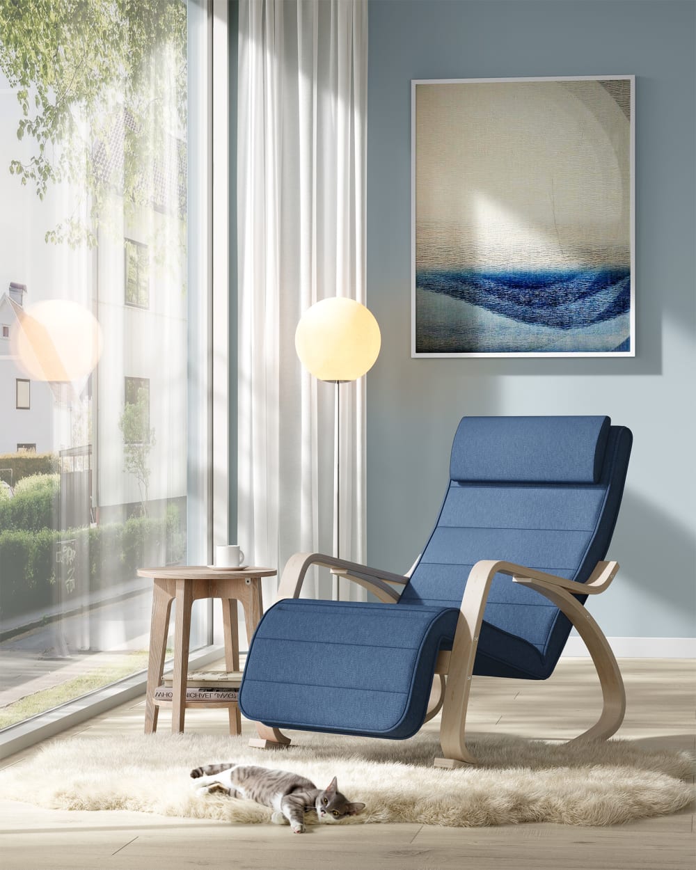 Fauteuil à bascule effet bois tissu bleu minuit et couleur boisée