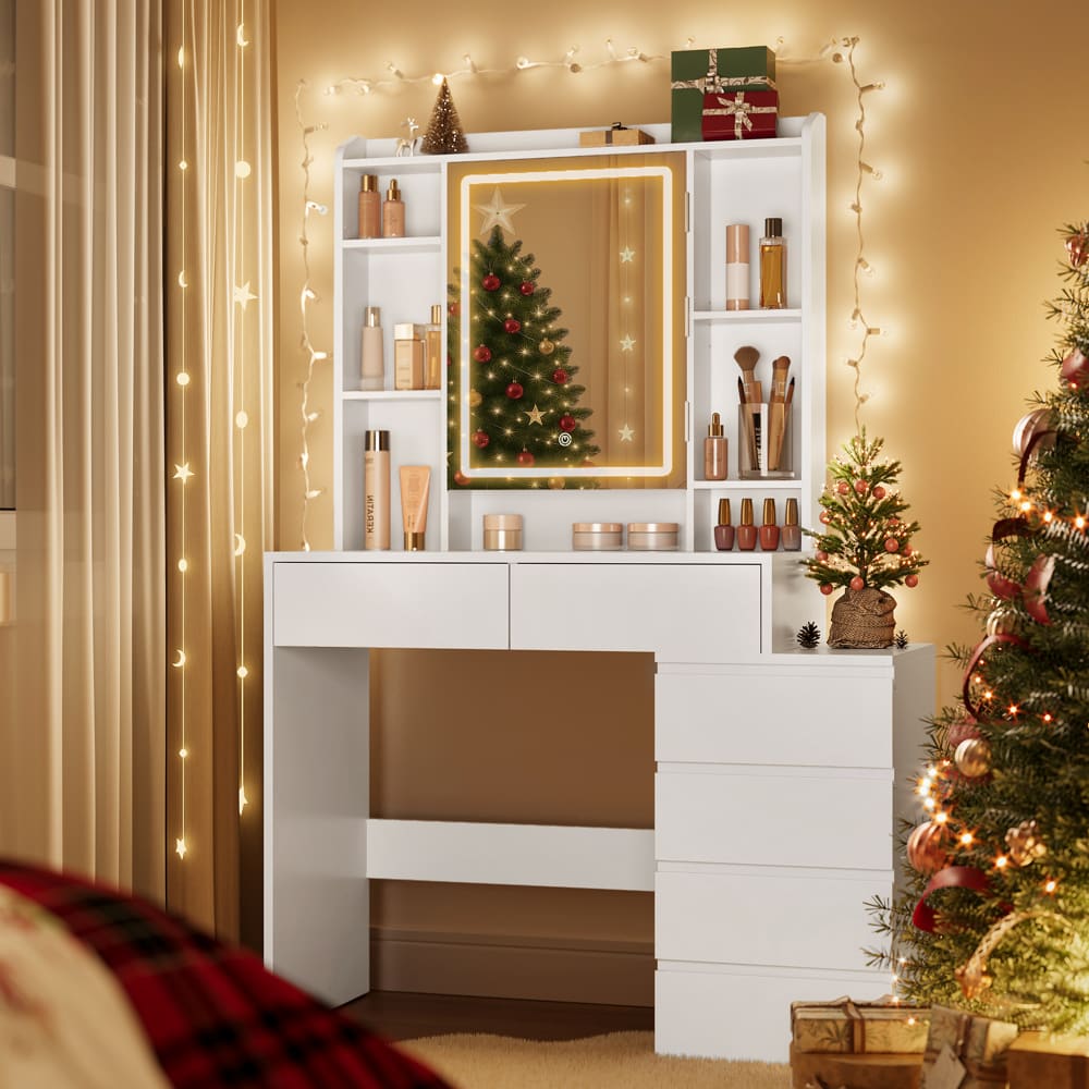 Coiffeuse avec miroir compartiments ouverts l 97,5 cm blanc - Maisons du Monde
