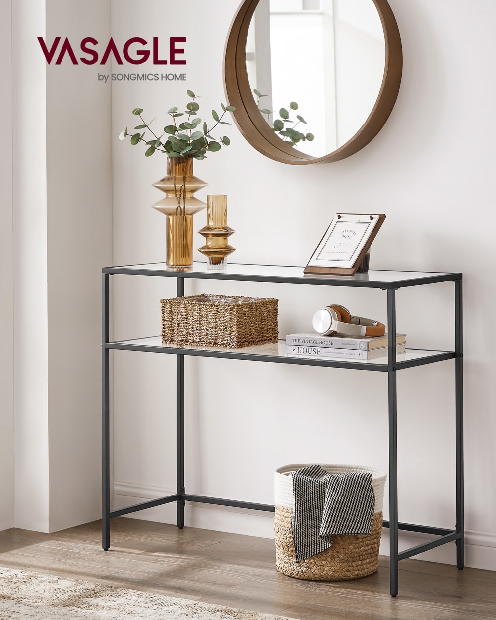 VASAGLE Table 2 niveaux en verre trempé meuble 100.5 x 35.6 x 80 cm noir style classique chic Noir Verre - 35x80x100cm
