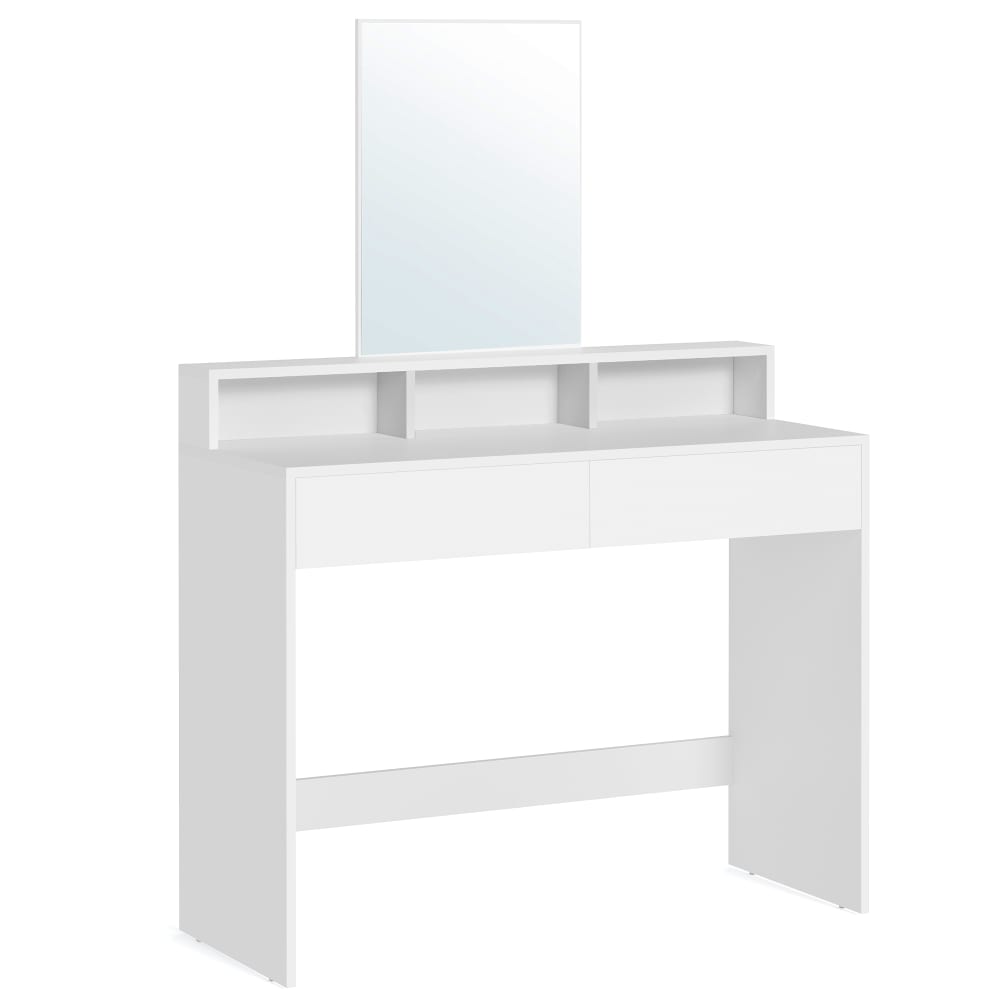 Coiffeuse avec grand miroir 2 tiroirs et 3 compartiments blanc