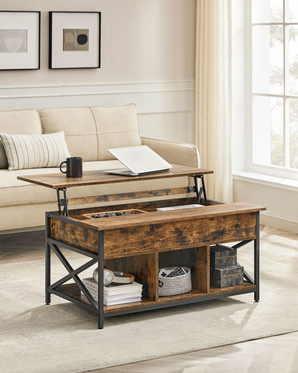 Table de salon relevable meuble bas avec rangement marron et noir - Maisons du Monde