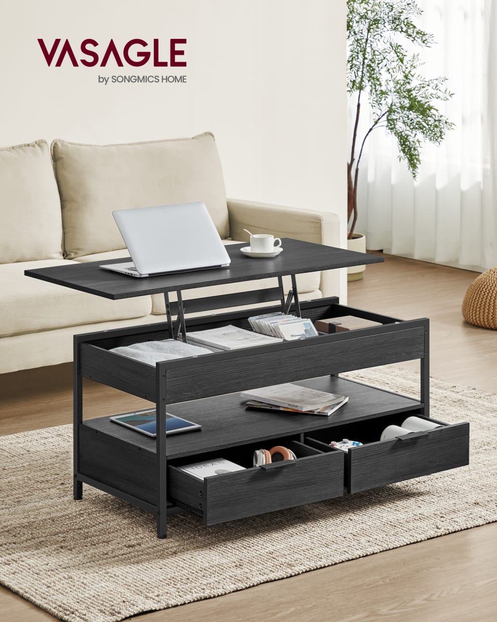 VASAGLE Table basse moderne 100 x 50 x 48-62 cm gris anthracite et noir style industriel Noir Panneau De Particules - 100x63x50cm