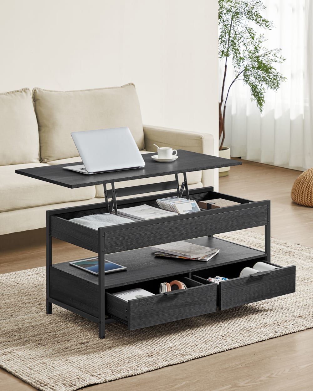 Table basse avec plateau relevable effet bois gris anthracite et noir