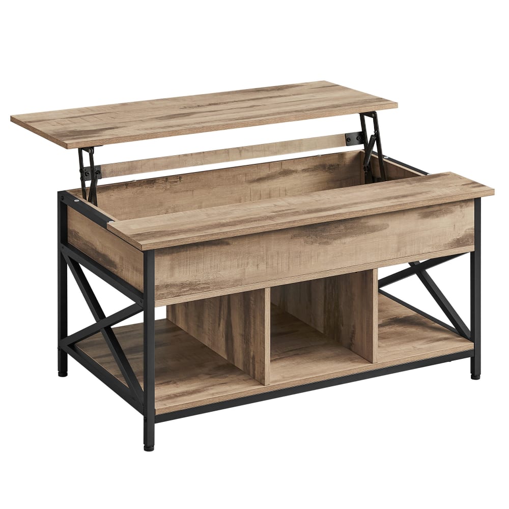 Table de salon relevable meuble bas marron camel et noir Table de salon relevable meuble bas marron camel et noir