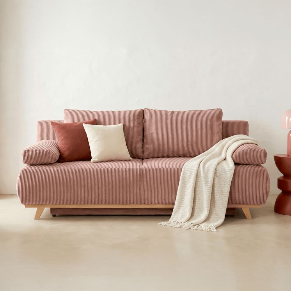 Canapé convertible 3 places en velours côtelé rose pâle
