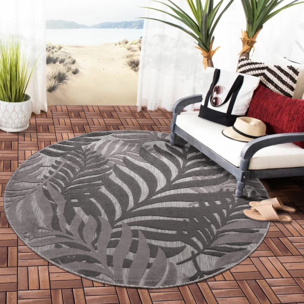 Tapis extérieur kilim rond pour terrasse et jardin gris et noir Ø200cm