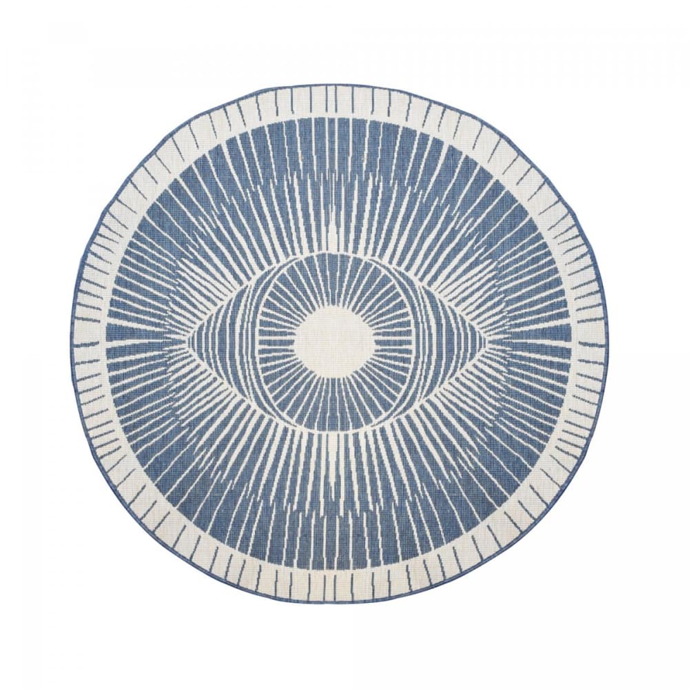 Tapis rond d'extérieur, kilim reversible bleu et crème ø120cm