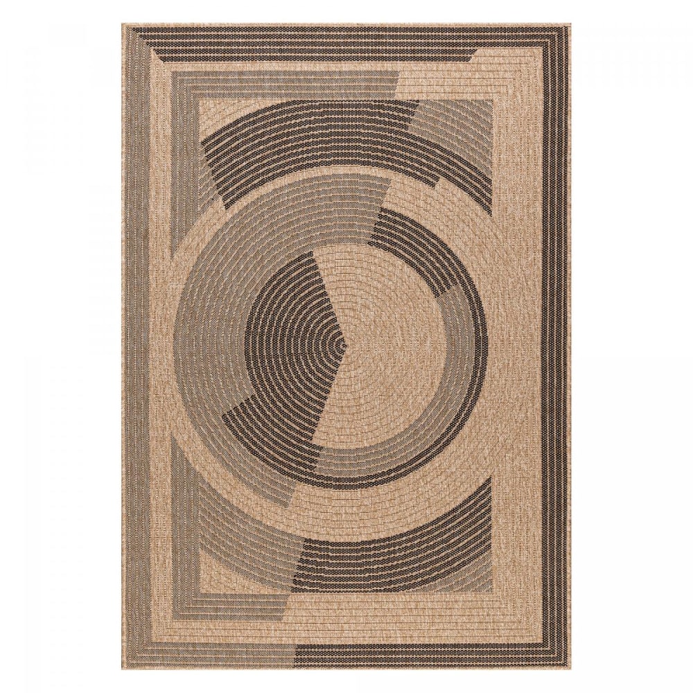 Tapis extérieur Ø80cm rond tissé kilim beige et noir JUTE ART 7