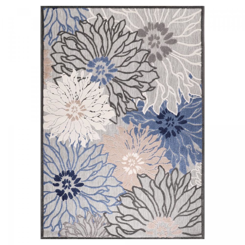 Tapis extérieur kilim pour terrasse et jardin bleu et gris 200x290