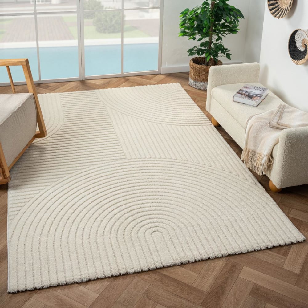 Tapis salon motif simple ton sur ton, doux et soyeux, écru 160x230