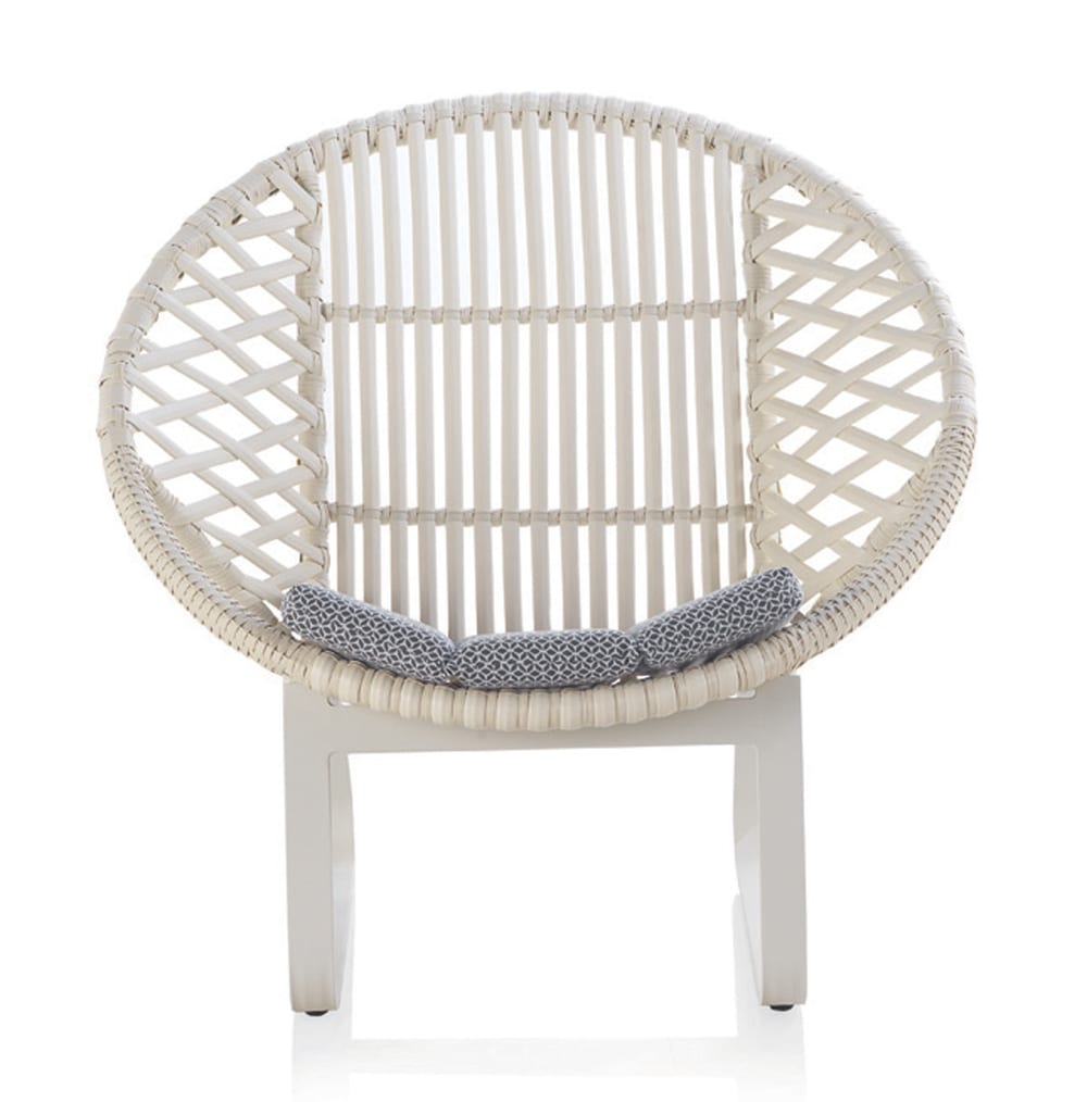 Fauteuil circulaire aluminium blanc avec coussin bleu