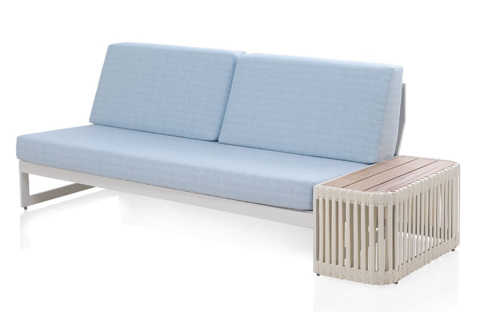 Canapé avec table d'appoint teck, aluminium blanc, coussins bleus