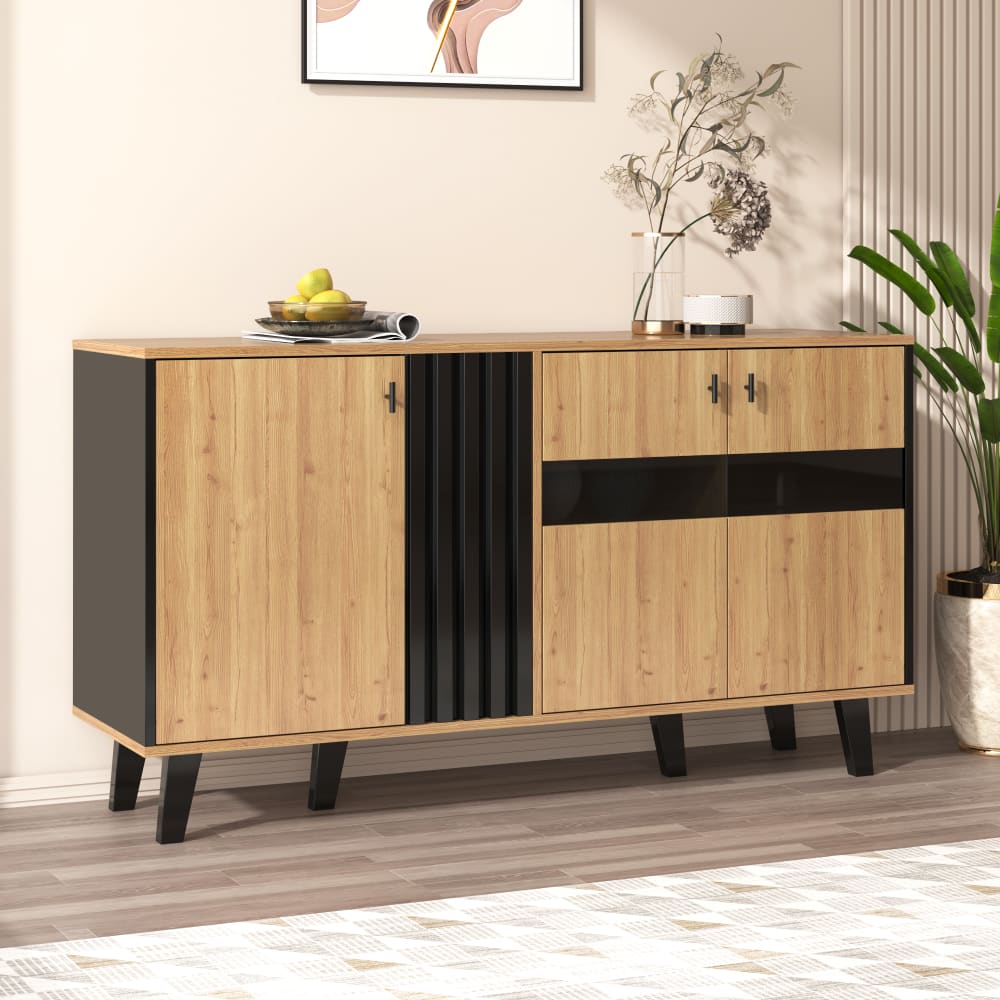Urban Meuble Sideboard-Schrank aus Holz und schwarz getöntem Glas LED 140x78.5x41cm - Spanplatte