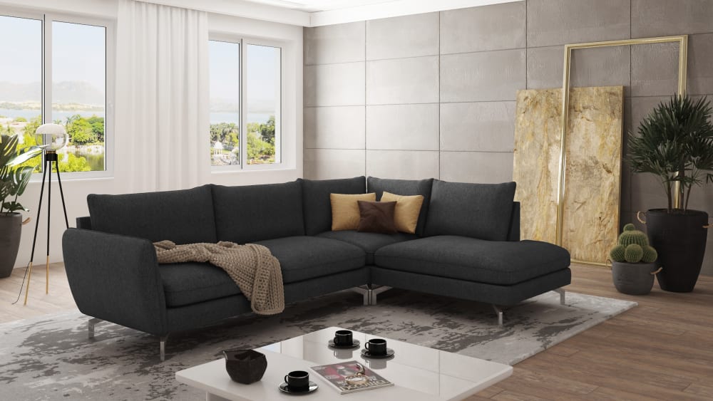 Canapé d’angle en microfibre avec pieds en métal argenté