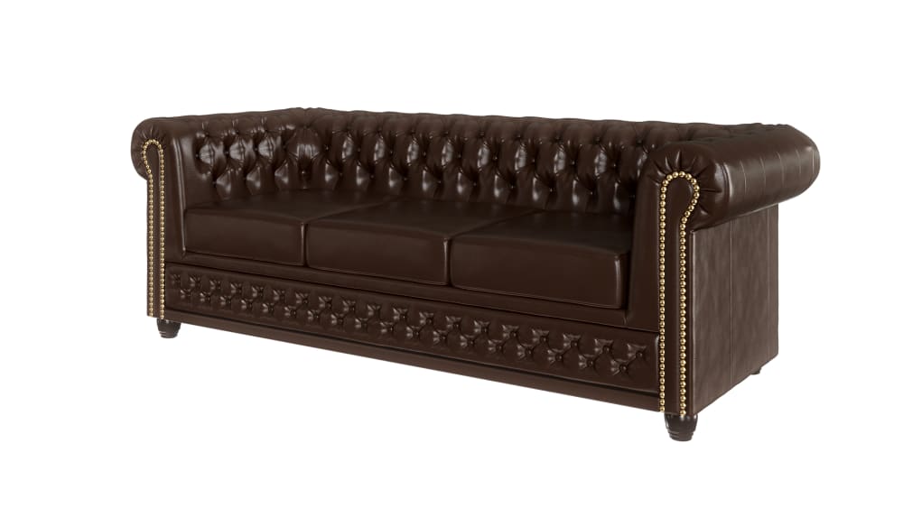 Canapé Chesterfield 3 places en cuir végan, marron