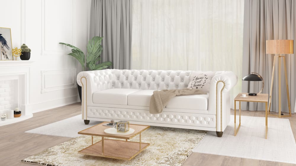 Canapé Chesterfield 3 places en cuir végan, blanc