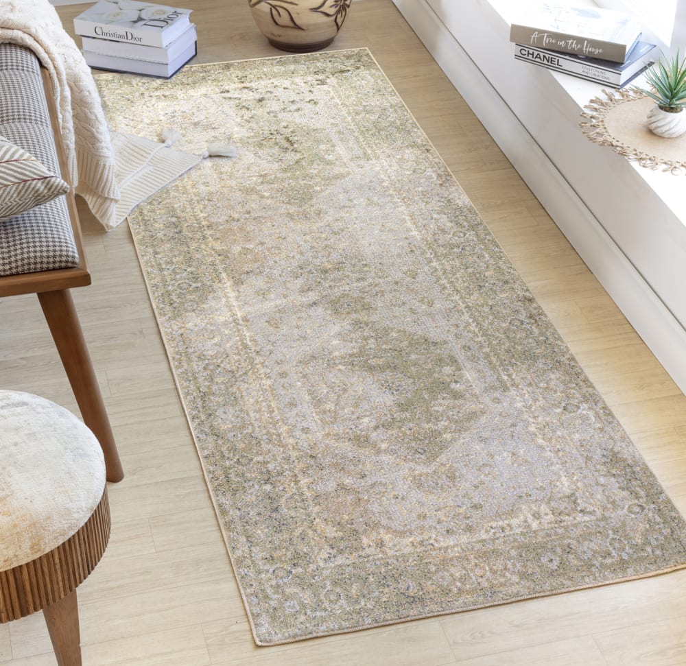 Tapis de couloir vintage lavable en machine vert/brun 80x220 — vue 3