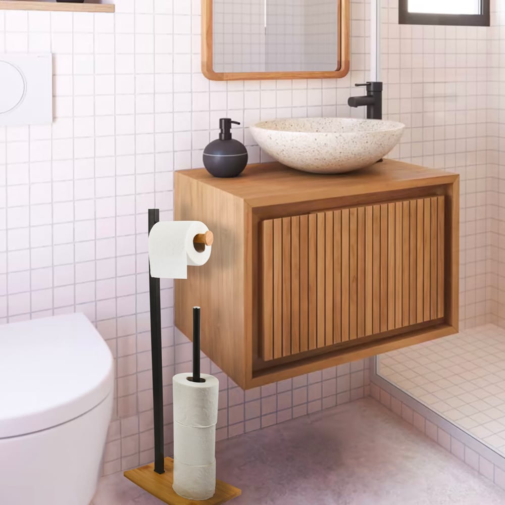 Dérouleur papier toilette bambou et noir 22x16x66.5cm — vue 4