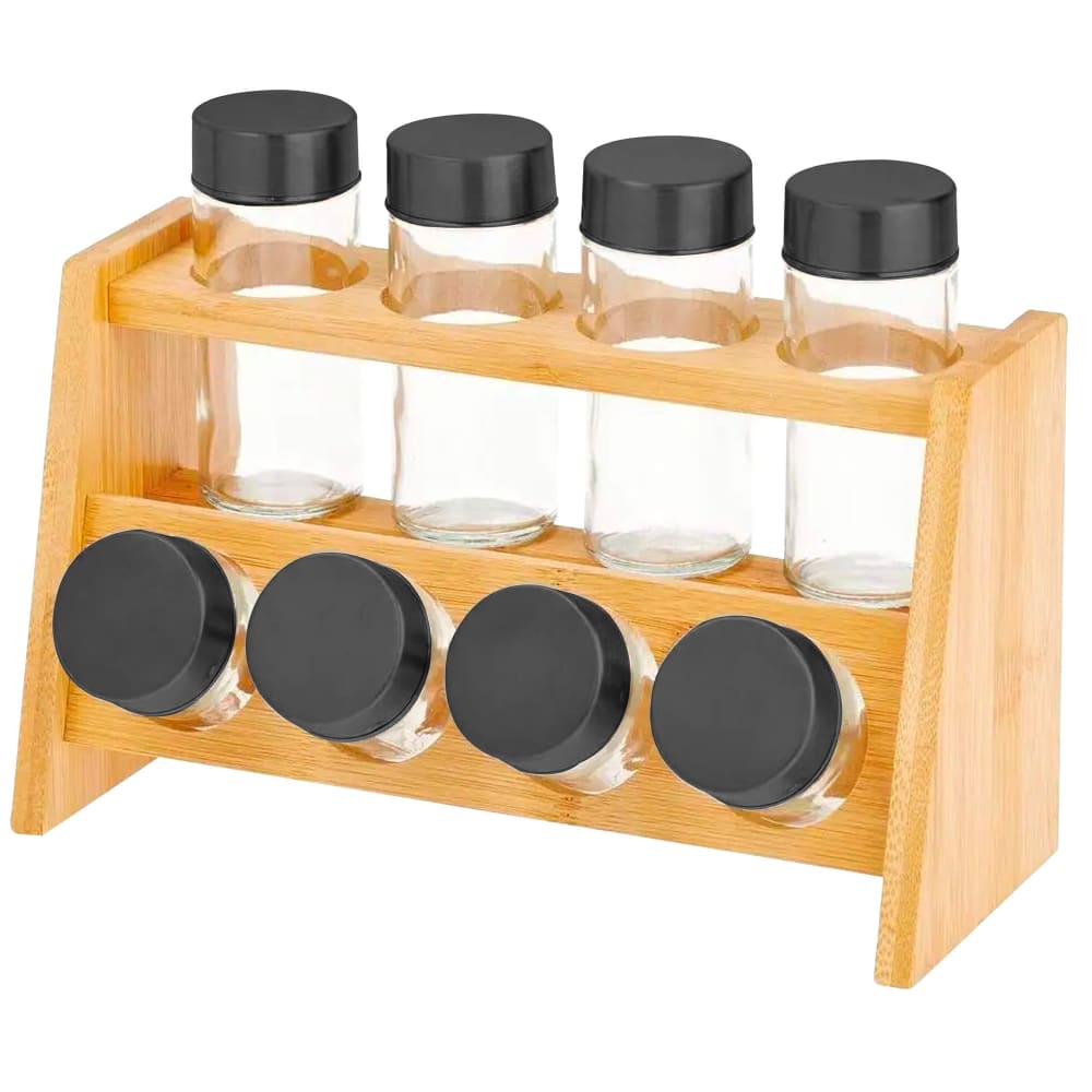 Wadiga Support à épices bambou et ses 8 pots verre Marron