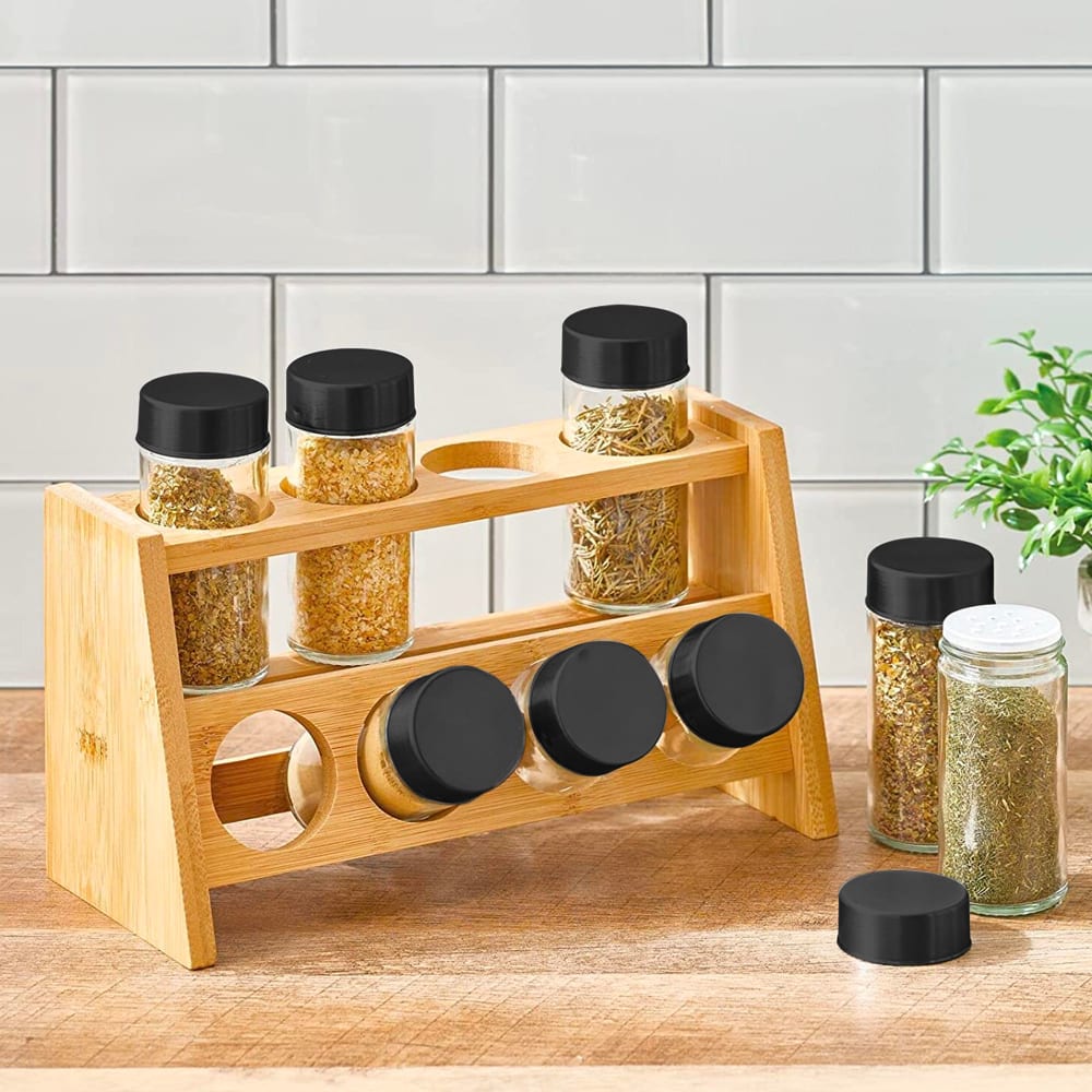 Support à épices bambou et ses 8 pots verre - Maisons du Monde
