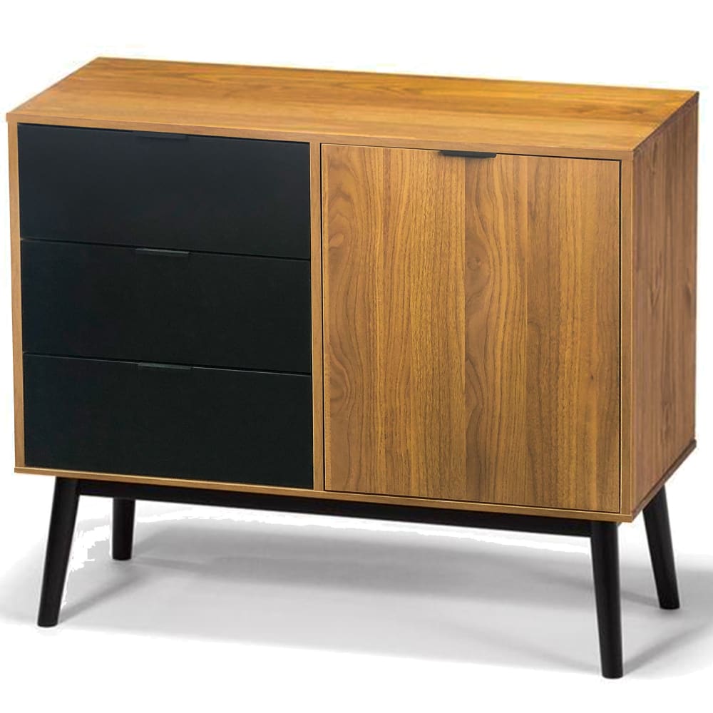 WADIGA Buffet en bois MDF comprenant 1 portes de placard et 3 tiroirs noirs. Dimensions: 95x40x80cm Couleur: Bois et noir Matière: Bois MDF