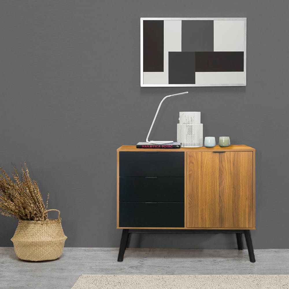 Buffet 1 porte 3 tiroirs bois et noir 95x40x80cm - Maisons du Monde