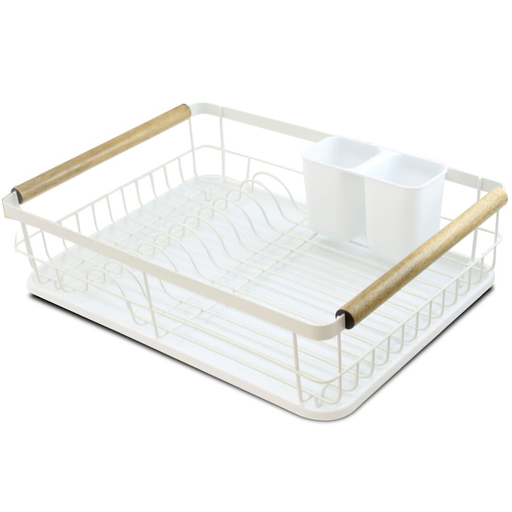 Wadiga Égouttoir à vaisselle blanc et bois avec porte-couverts - Métal