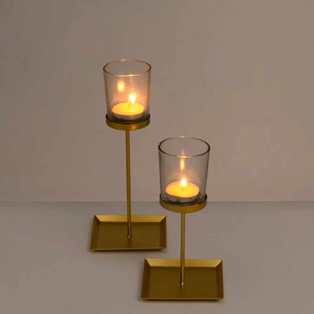 Set de 2 photophores sur pieds en verre et métal doré - Maisons du Monde