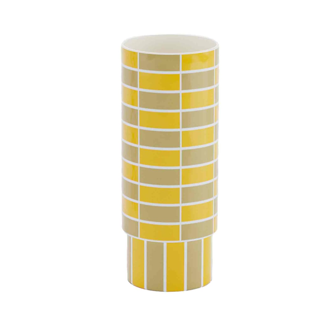 Vase céramique tube à damier jaune 31cmx12,5cm