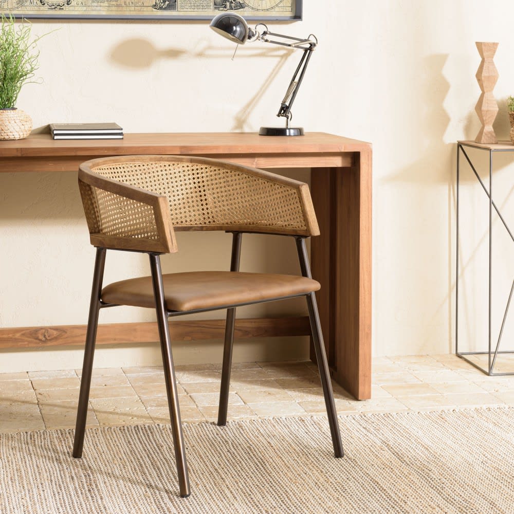 Lot de 2 fauteuils assise cuir dossier en manguier et rotin - Maisons du Monde