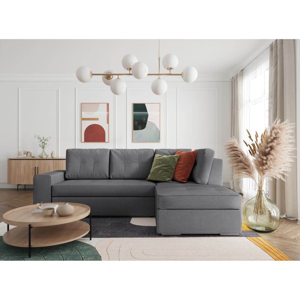 Canapé d'angle convertible avec coffre en tissu - Gris - Angle droit