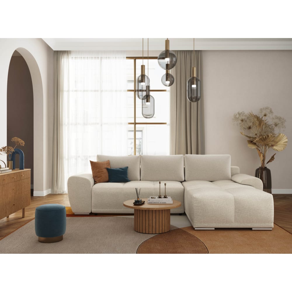 Canapé d'angle convertible avec coffre en tissu - Beige - Angle Droit