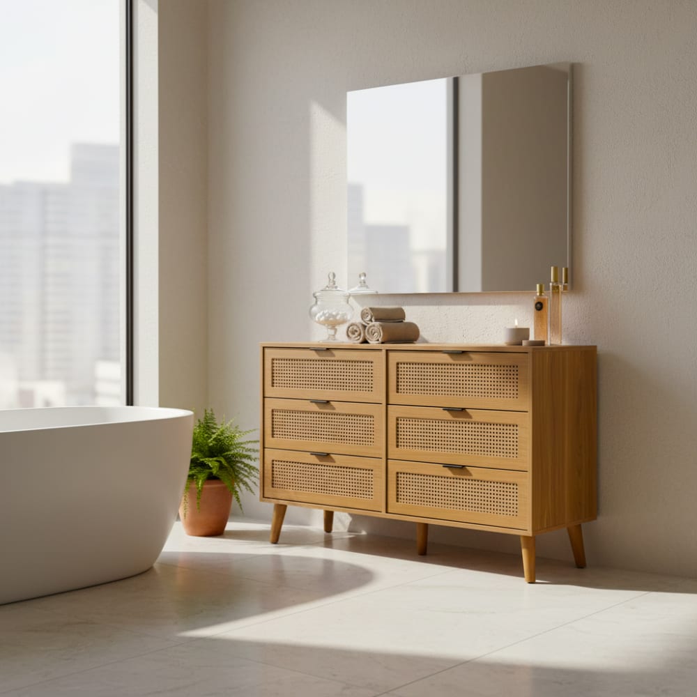 Meuble de salle de bain en bois clair avec 6 tiroirs en rotin - Maisons du Monde
