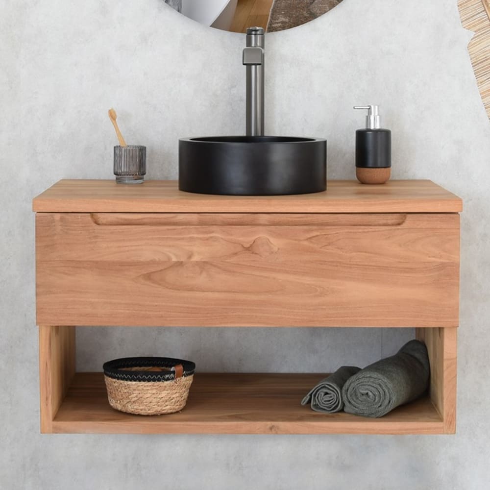 Meuble sous vasque suspendu en teck massif 80 cm