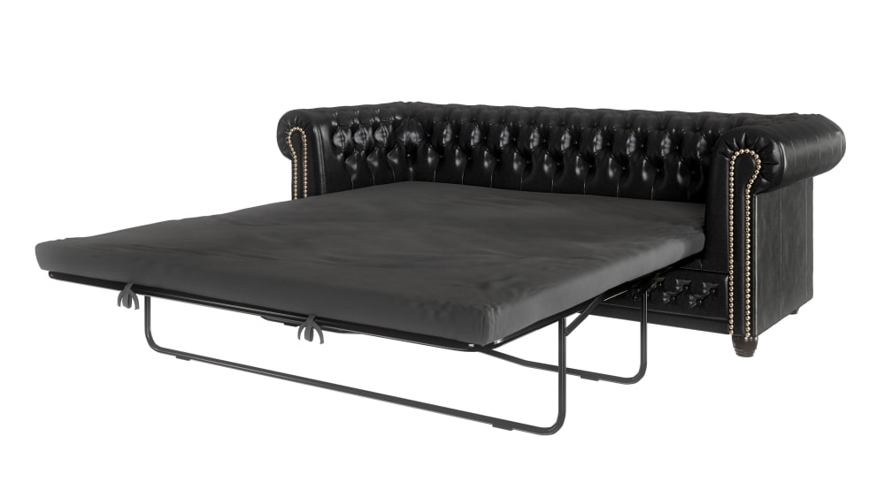 Canapé Chesterfield 3 places avec fonction lit en cuir végan, noir
