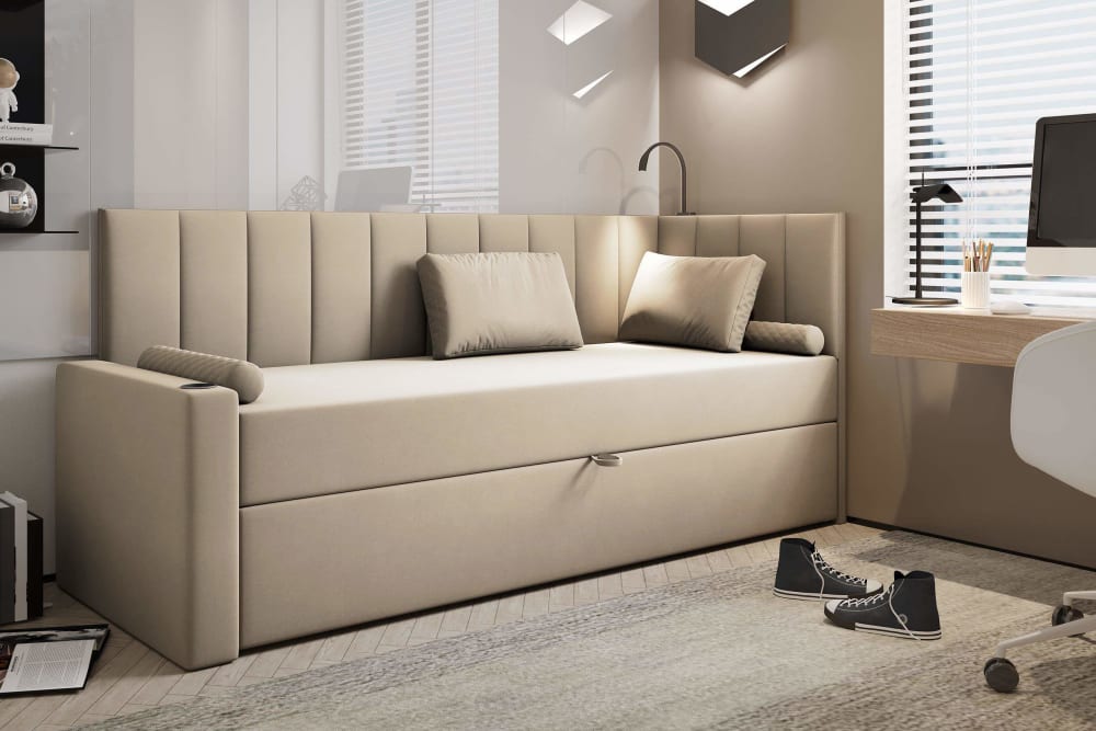 Boxspringbett 90x200 mit Bettkasten und Matratze Links Beige -